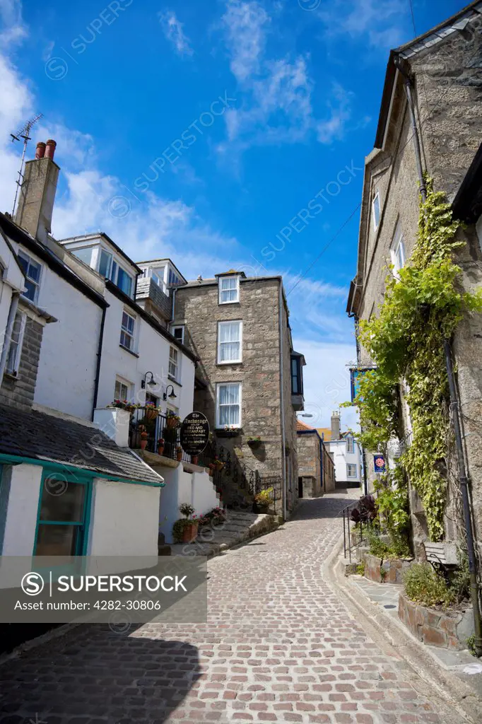 England, Cornwall, St Ives. A small cobbled street in St Ives with bed and breakfast signs and blue skies.