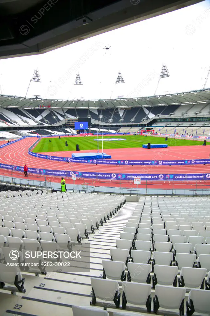 England, London, Stratford. An interior view of the Olympic stadium in Stratford.