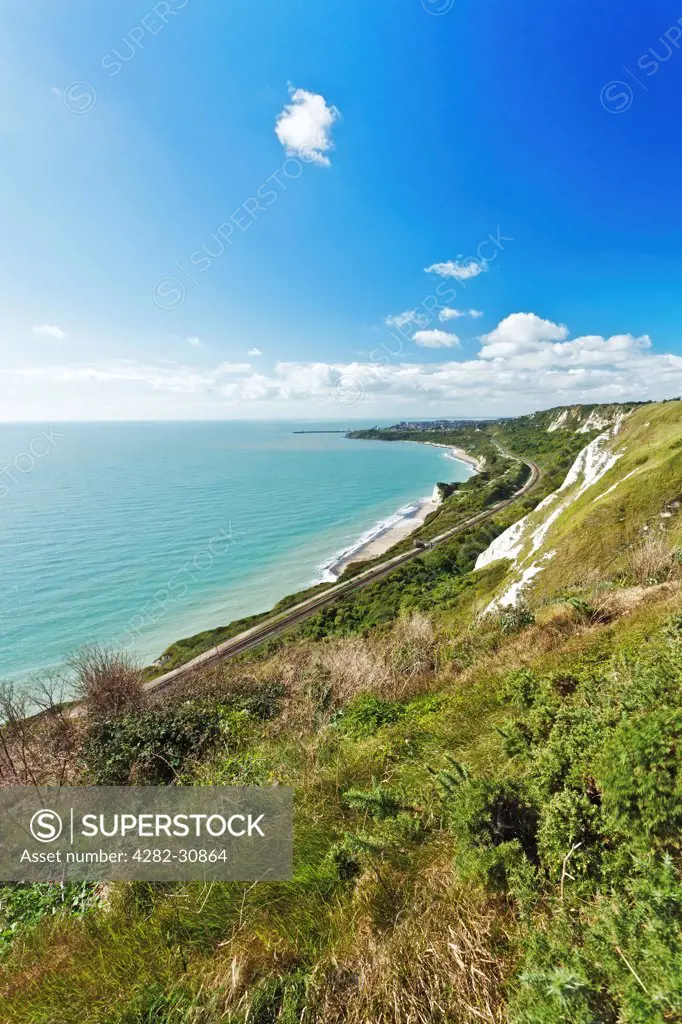 England, Kent, Folkestone. A view from the White Cliffs of Dover towards Folkestone and the English Channel.