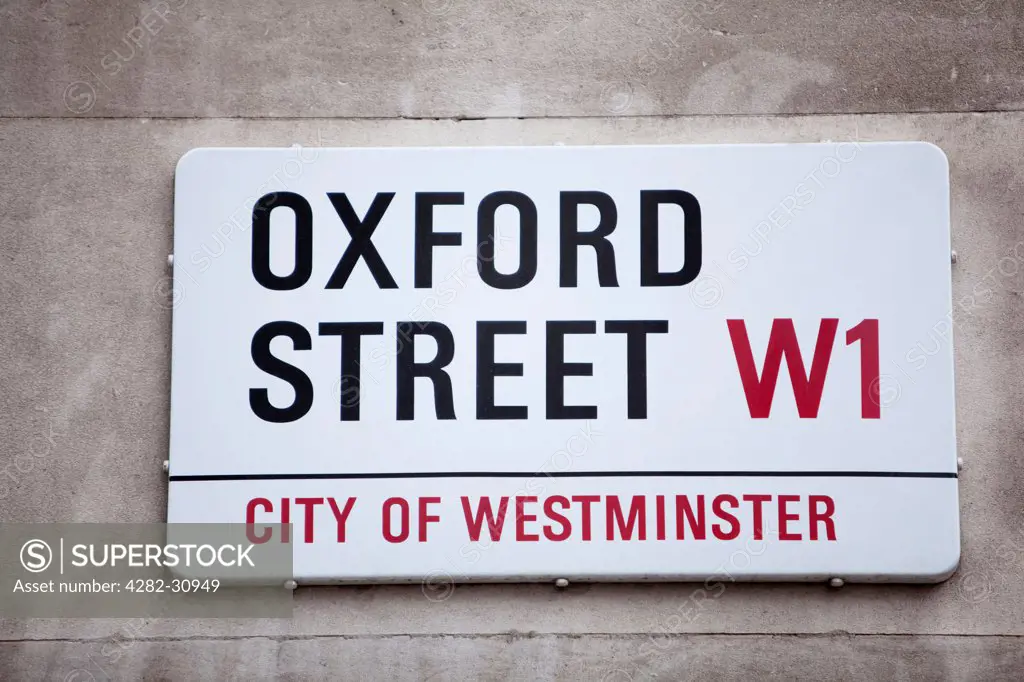 England, London, Oxford Street. A view of the road sign for Oxford Street.