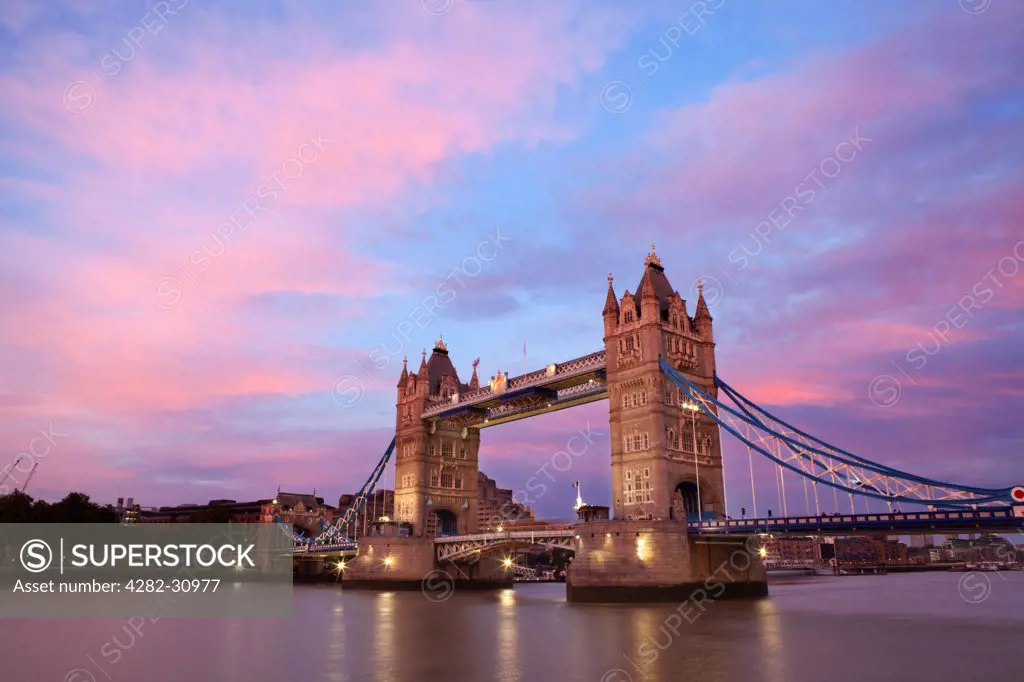 England, London, Tower Bridge. A view of Tower Bridge at sunset.
