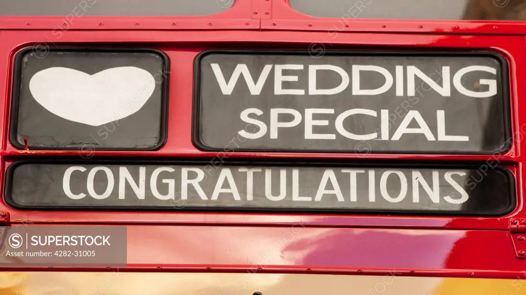 England, London, London. A decommissioned Routemaster bus with a wedding day displayed as the destination.