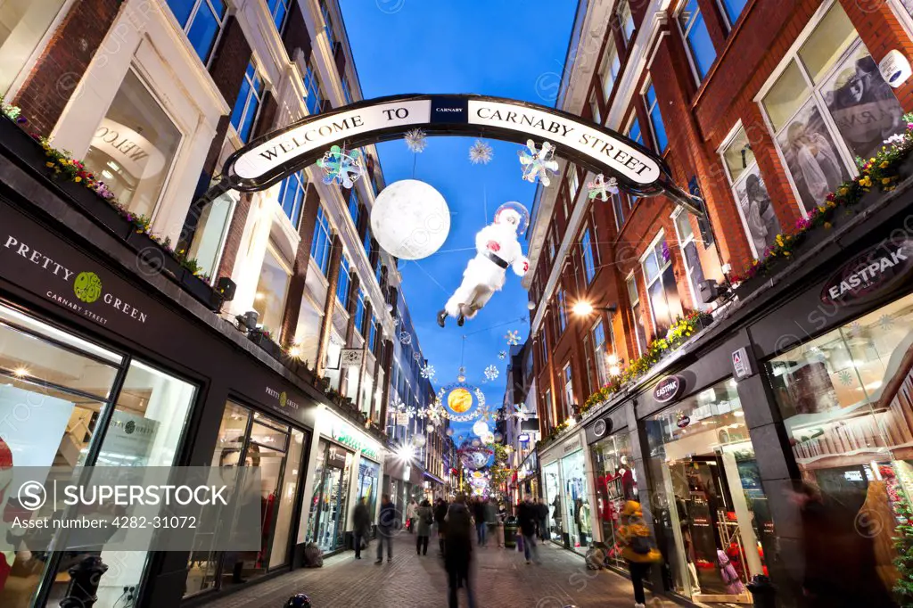 England, London, Carnaby Street. Christmas lights on display in Carnaby Street in London.
