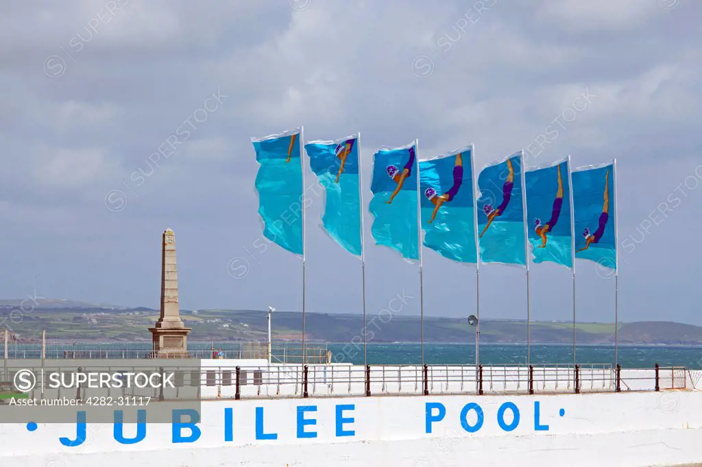 England, Cornwall, Penzance. The Jubilee Pool in Penzance decorated with special flags for the Queen's Diamond Jubilee.