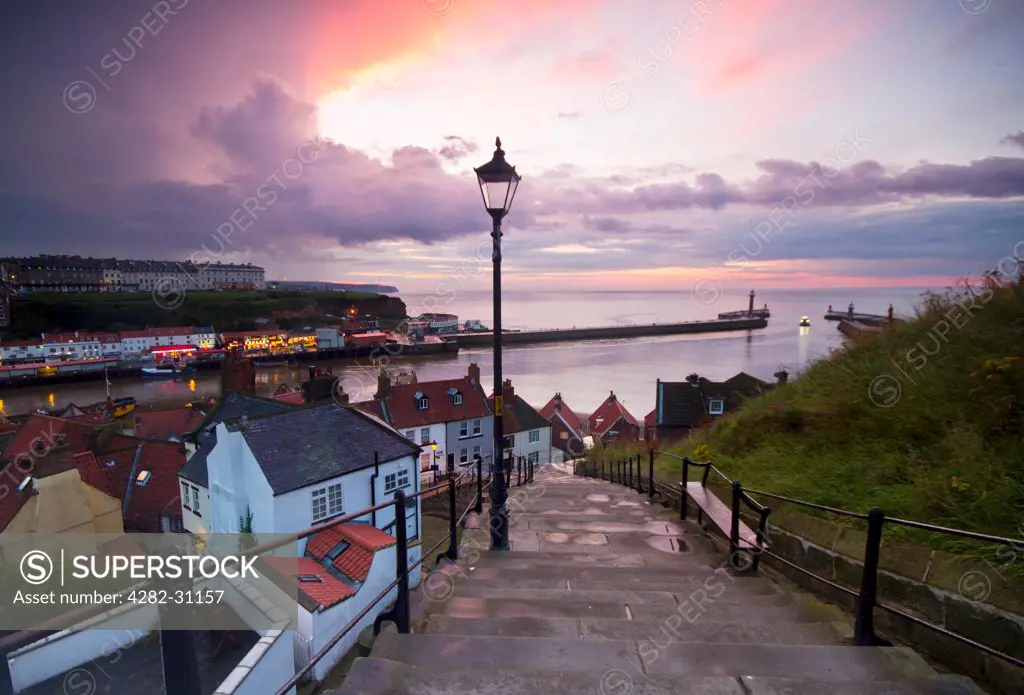 England, North Yorkshire, Whitby. A lamppost on the 199 steps at Whitby.
