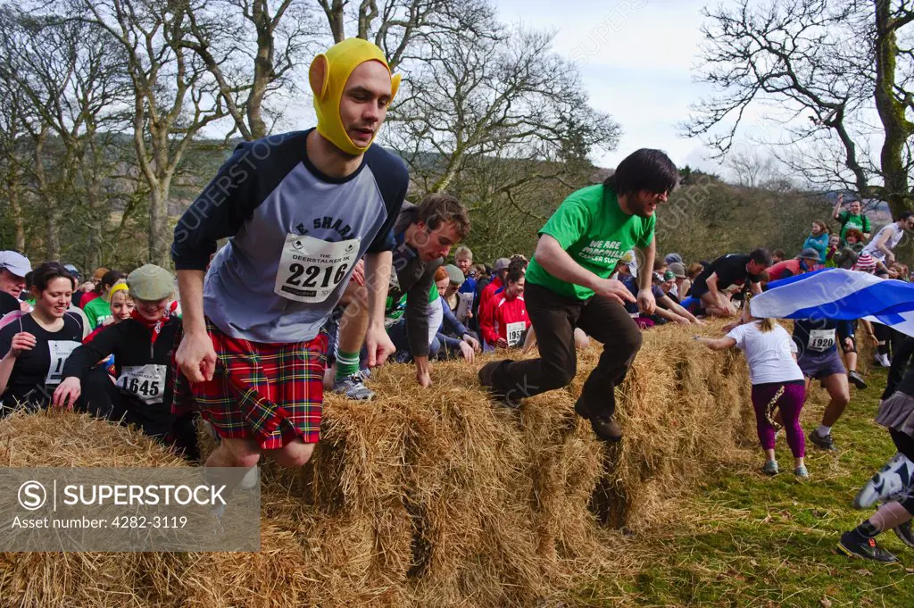 Scotland, Scottish Borders, Innerleithen. People wearing fancy dress clambering over obstacles in the Deerstalker 5K fun run at Traquair House.