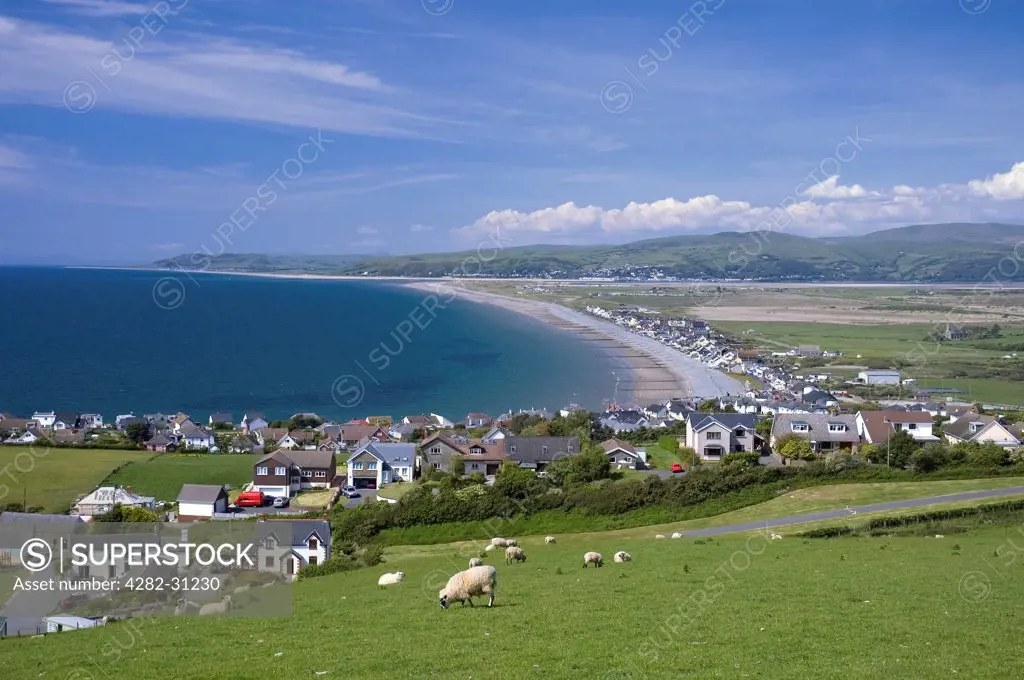 Wales, Ceredigion, Borth. A view toward Borth from the hills above the town.