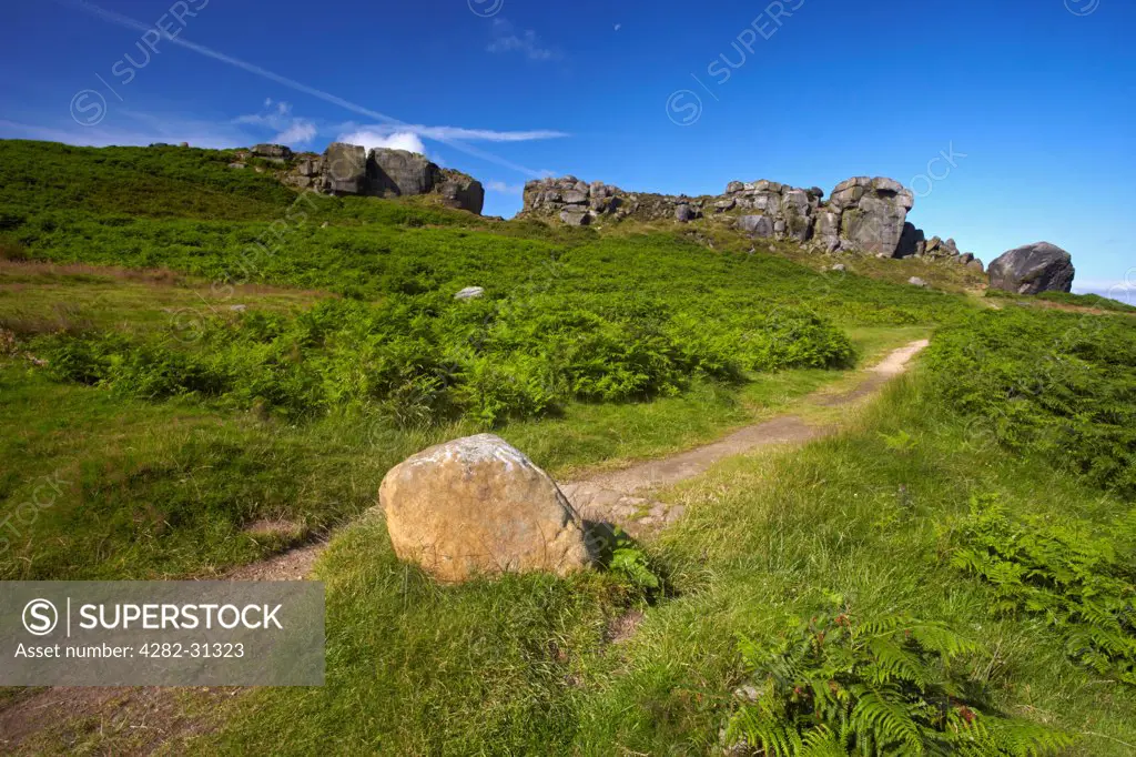 England, West Yorkshire, Ilkley. The path leading to Cow and Calf rocks on Ilkley Moor.