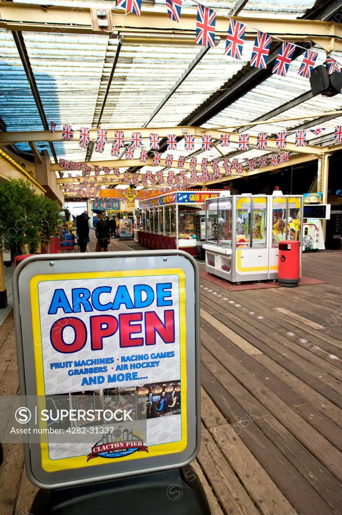 England, Essex, Clacton. A sign in the amusement arcade on Clacton Pier.