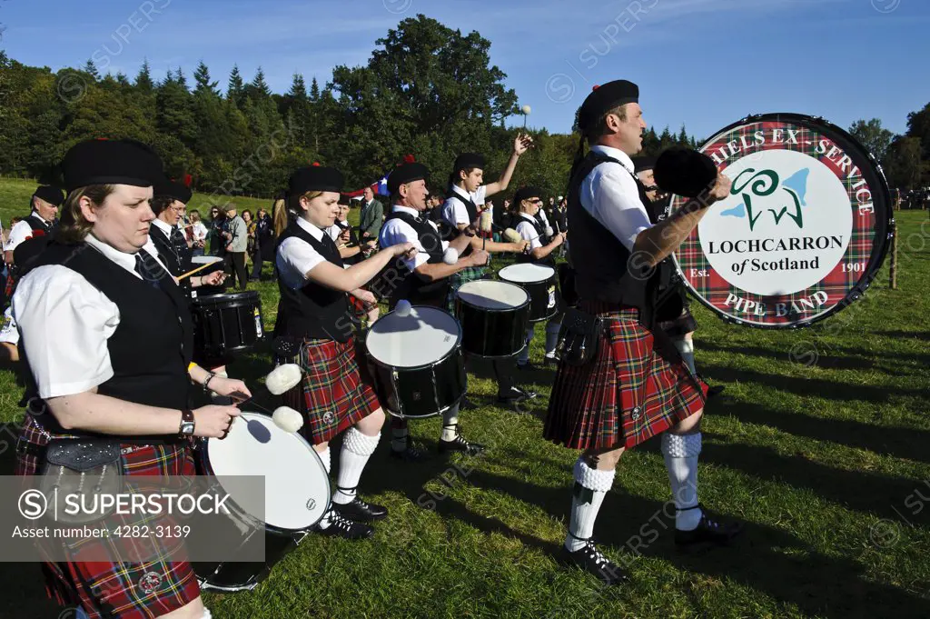 Scotland, Scottish Borders, Bowhill House. Drummers from a pipe band performing at The Muster, a regional gathering of Lowland and Border Clans on Buccleuch Estate, Selkirk.