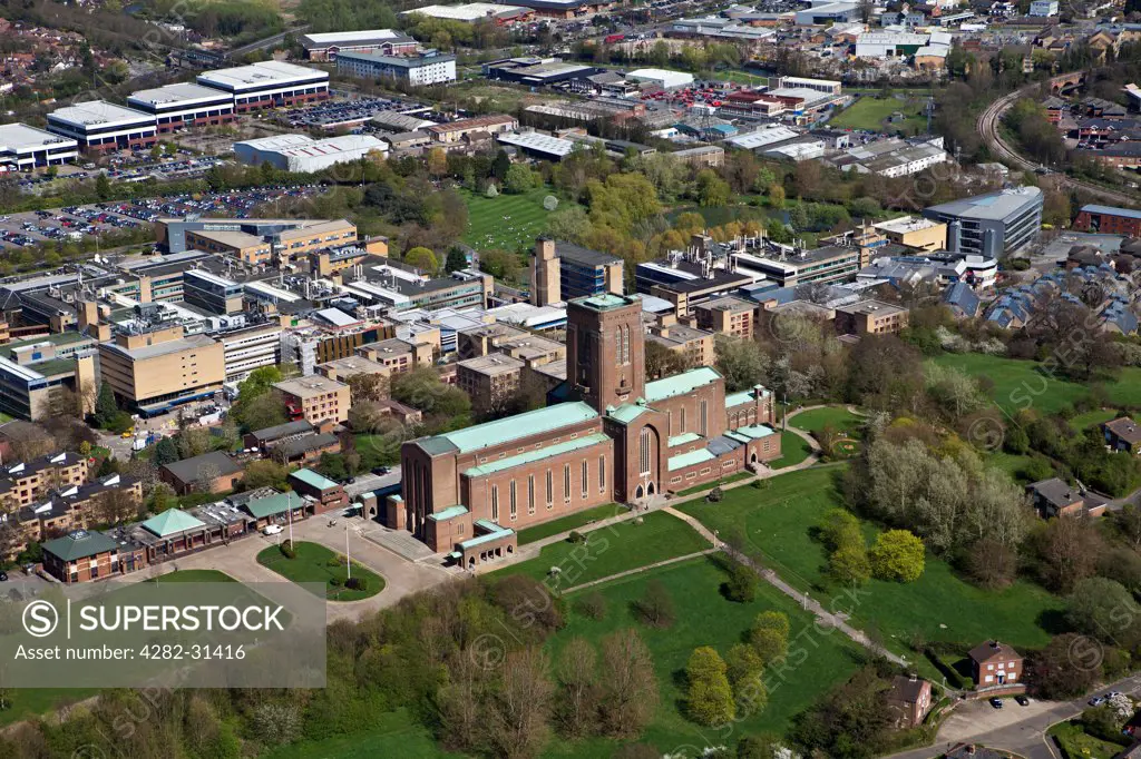 England, Surrey, Guildford. An aerial view of Guildford Cathedral.