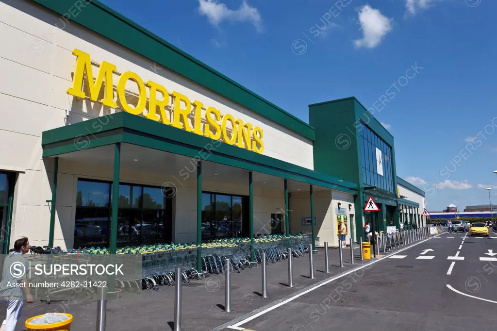 England, Hertfordshire, Borehamwood. The front aspect and entrance of a Morrisons retail superstore.