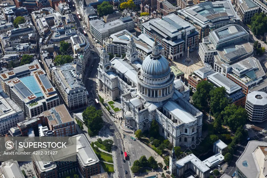 England, London, City of London. Aerial view of St Paul's Cathedral and surrounding area in London.