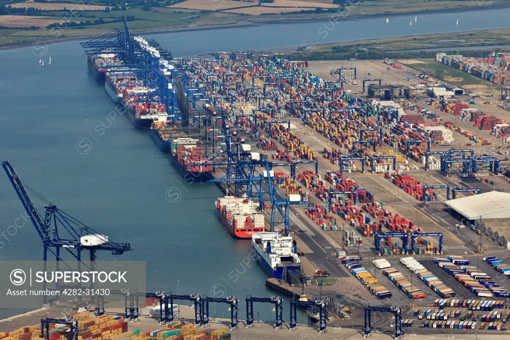 England, Suffolk, Felixstowe. Aerial view of the Felixstowe Port and Container Terminal.