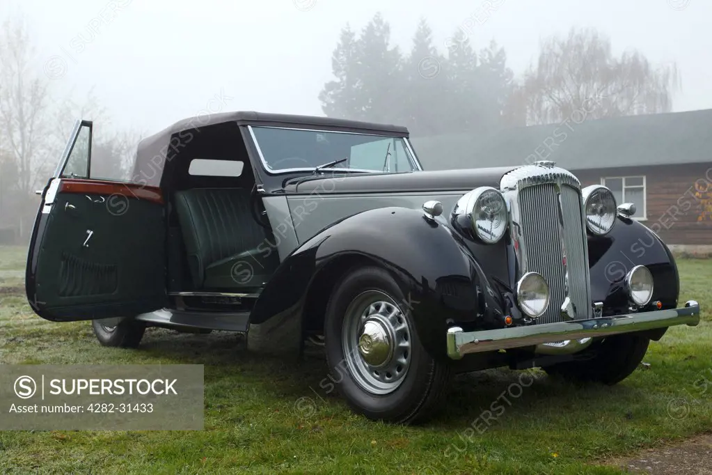 England, Berkshire, Weybridge. A rare vintage Daimler DB18 Drophead Coupe car used by Winston Churchill in his 1944 and 1949 election campaigns, recently restored and awaiting sale by auction at Brooklands Museum.