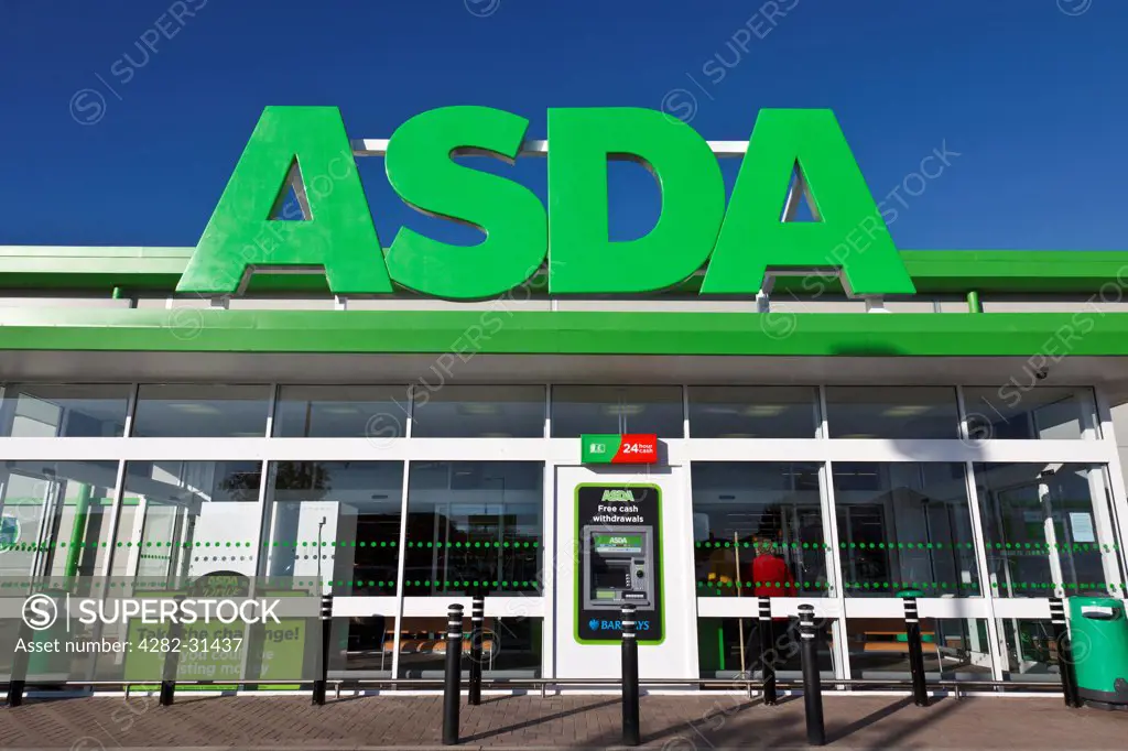 England, Dorset, Gillingham. Front entrance and sign at main entrance of an ASDA retail supermarket in Dorset.