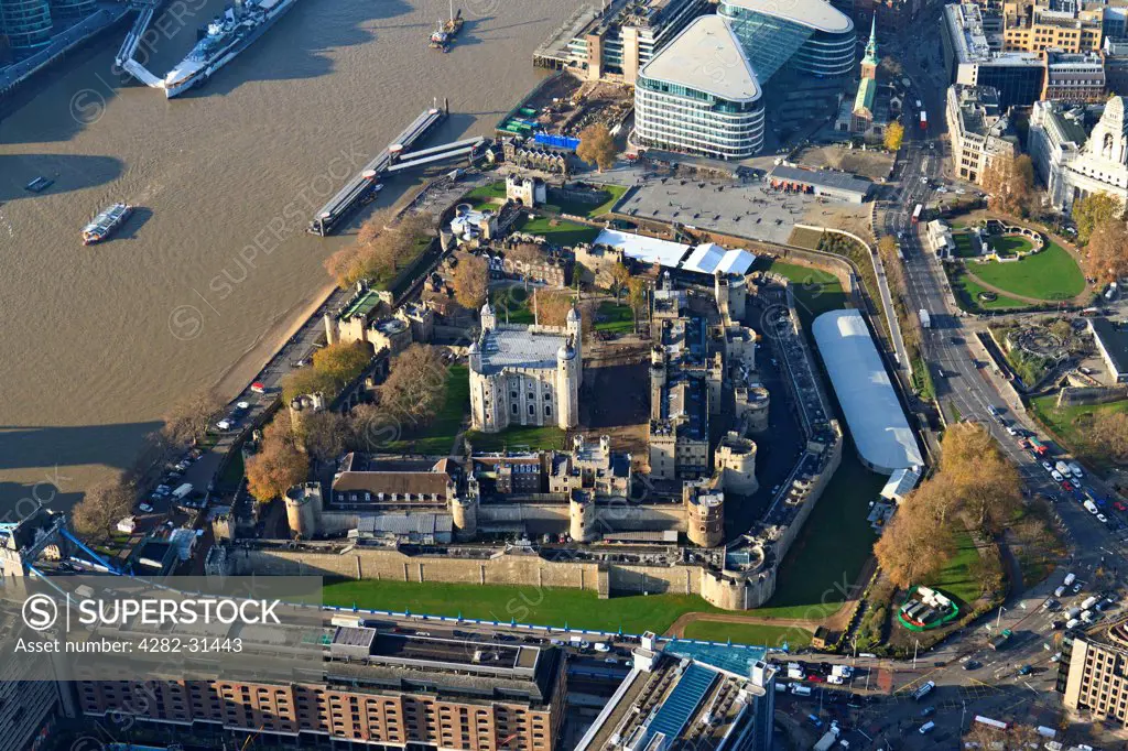England, London, Tower Hill. Aerial view of the Tower of London and River Thames in London.