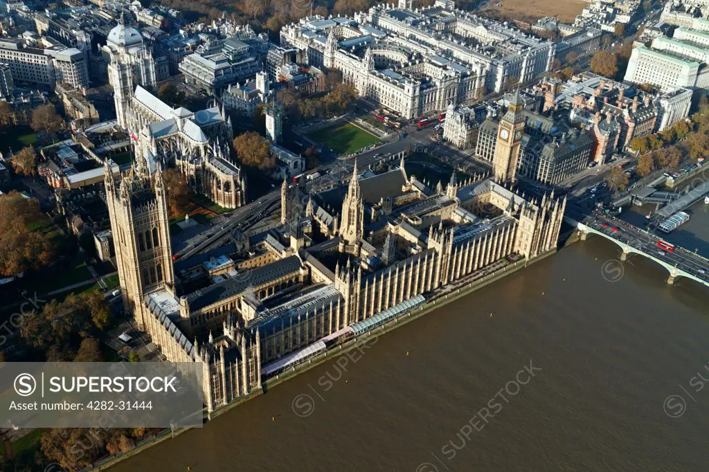 England, London, Westminster. Aerial view the Houses of Parliament and Westminster Bridge over the River Thames.