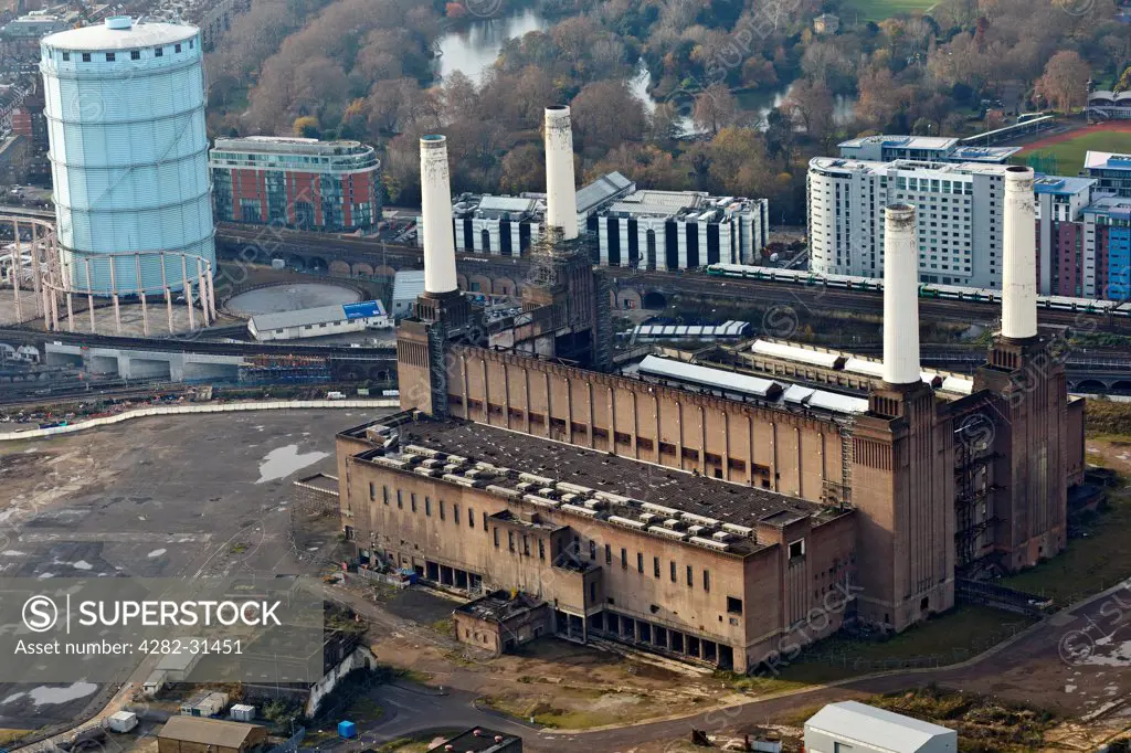 England, London, Battersea. Aerial view of the former power station site at Battersea in London.