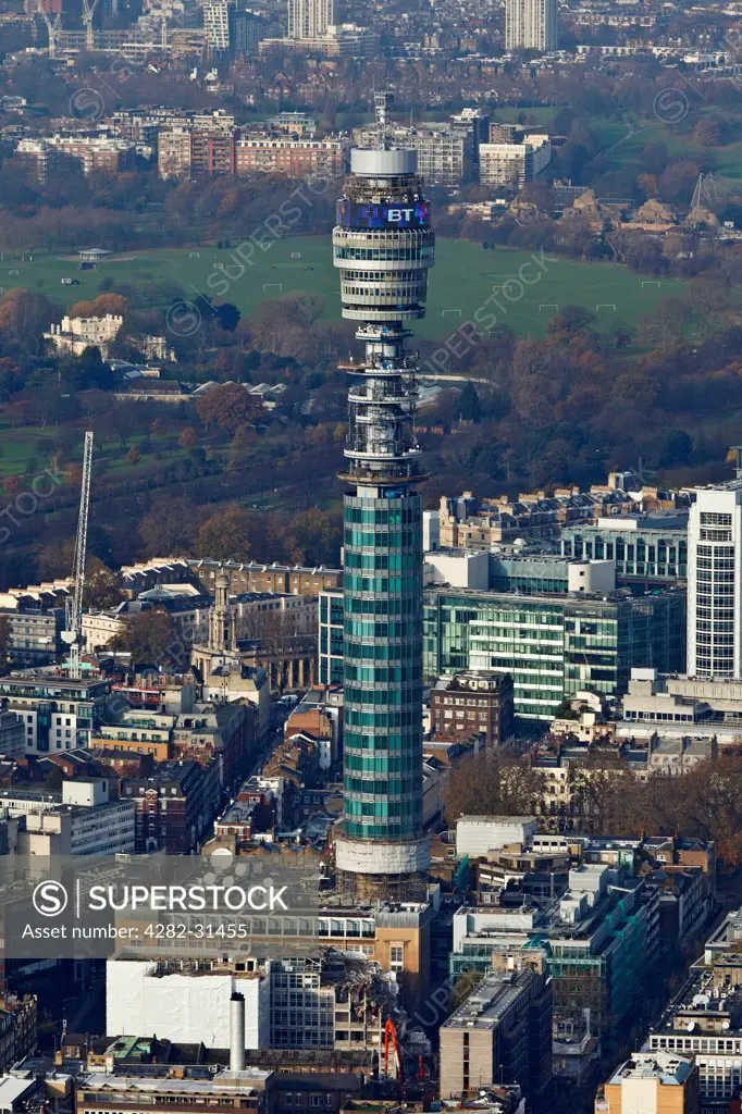 England, London, Fitzrovia. Aerial view of the Telecom Tower in London with Regents Park at the rear.