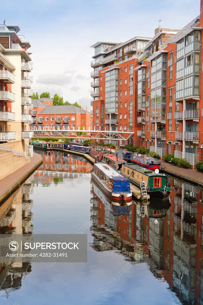 England, West Midlands, Birmingham. Sherborne Wharf apartments and canals in Birmingham.