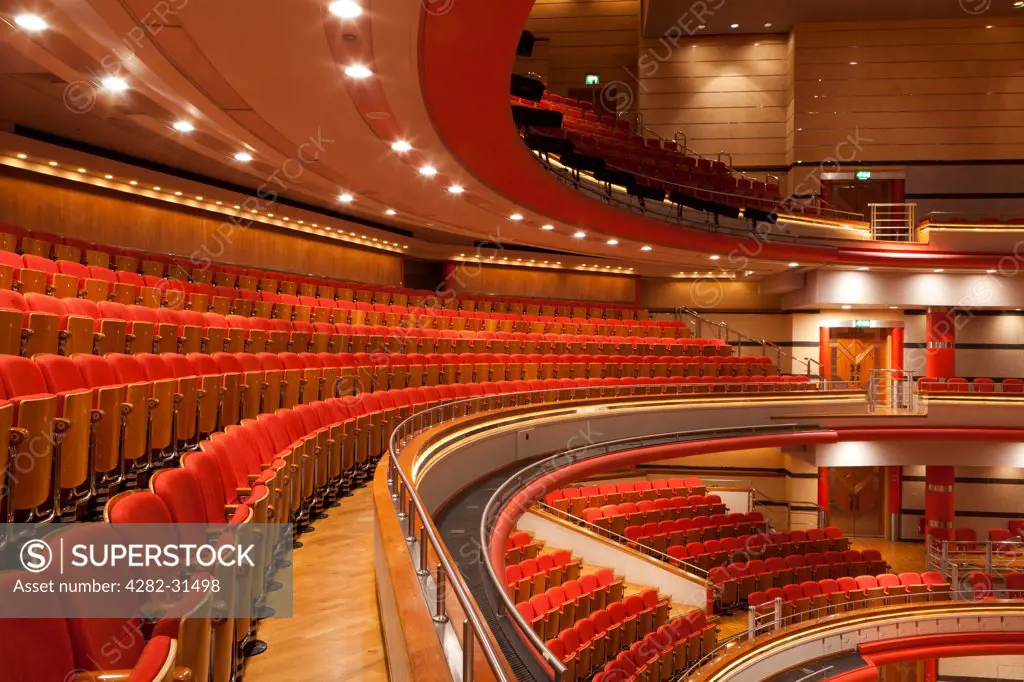 England, West Midlands, Birmingham. A view of empty seats inside Symphony Hall in Centenary Square.