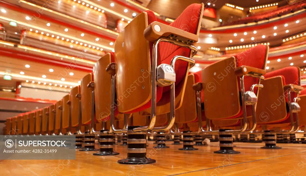 England, West Midlands, Birmingham. A close up of empty seats inside Symphony Hall in Centenary Square.