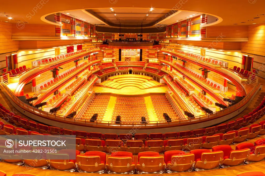 England, West Midlands, Birmingham. Interior shot looking down over an empty Symphony Hall auditorium in Centenary Square.