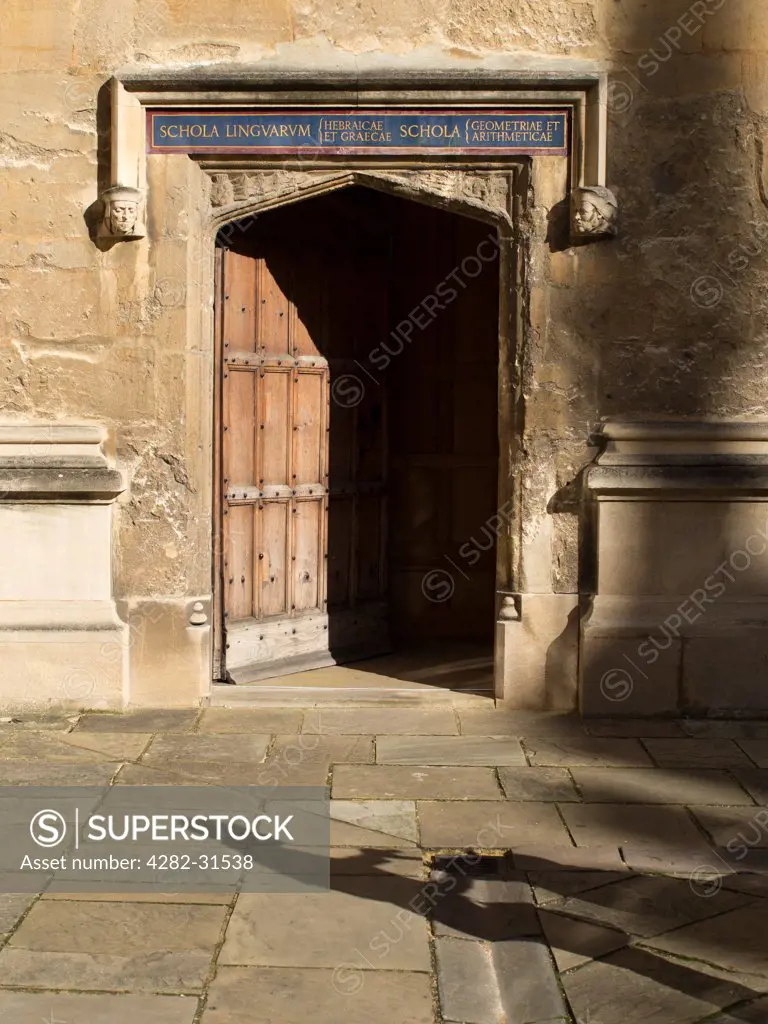 England, Oxfordshire, Oxford. The door to the School of Languages at the Bodleian Library in Oxford.