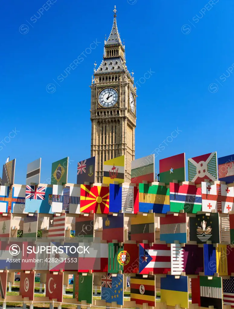 England, London, Westminster. Flags of all nations in Parliament Square.