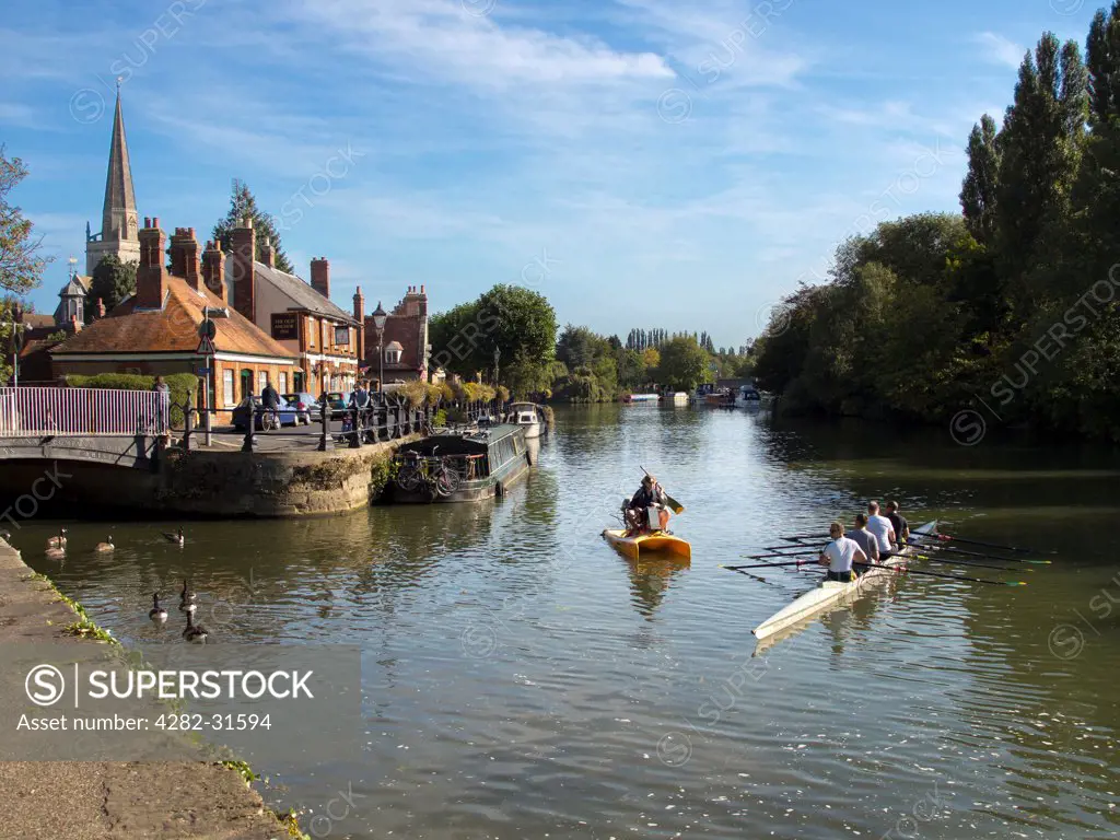 England, Oxfordshire, Abingdon. Rowing practice at St Helen's Wharf in Abingdon-on-Thames.