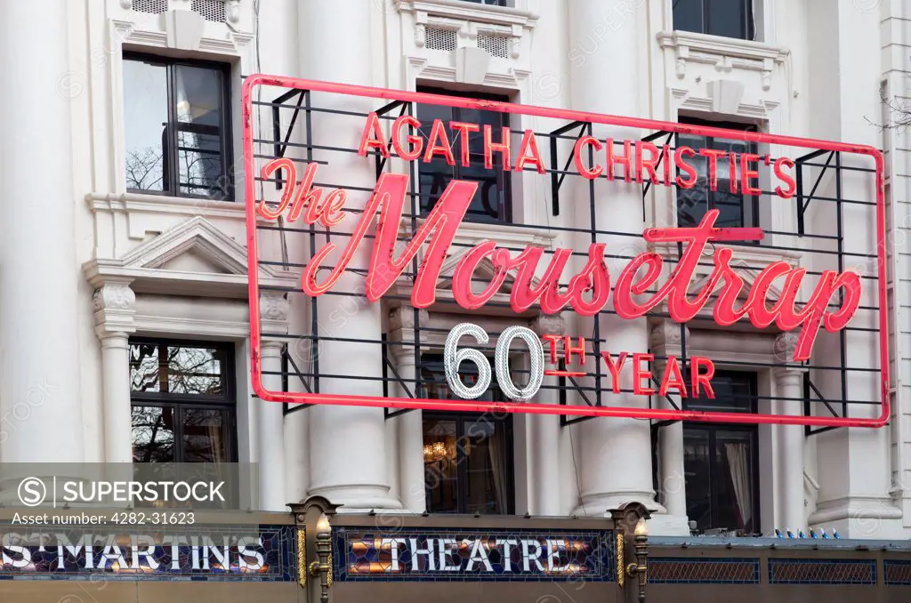 England, London, Bloomsbury. Exterior of Saint Martin's Theatre in London showing The Mousetrap in its 60th year.