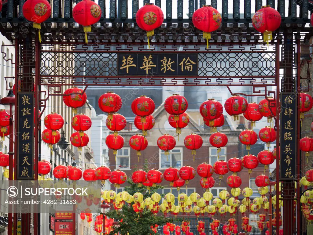 England, London, Chinatown. Hanging lanterns as part of the mid-autumn Moon Festival in Chinatown.