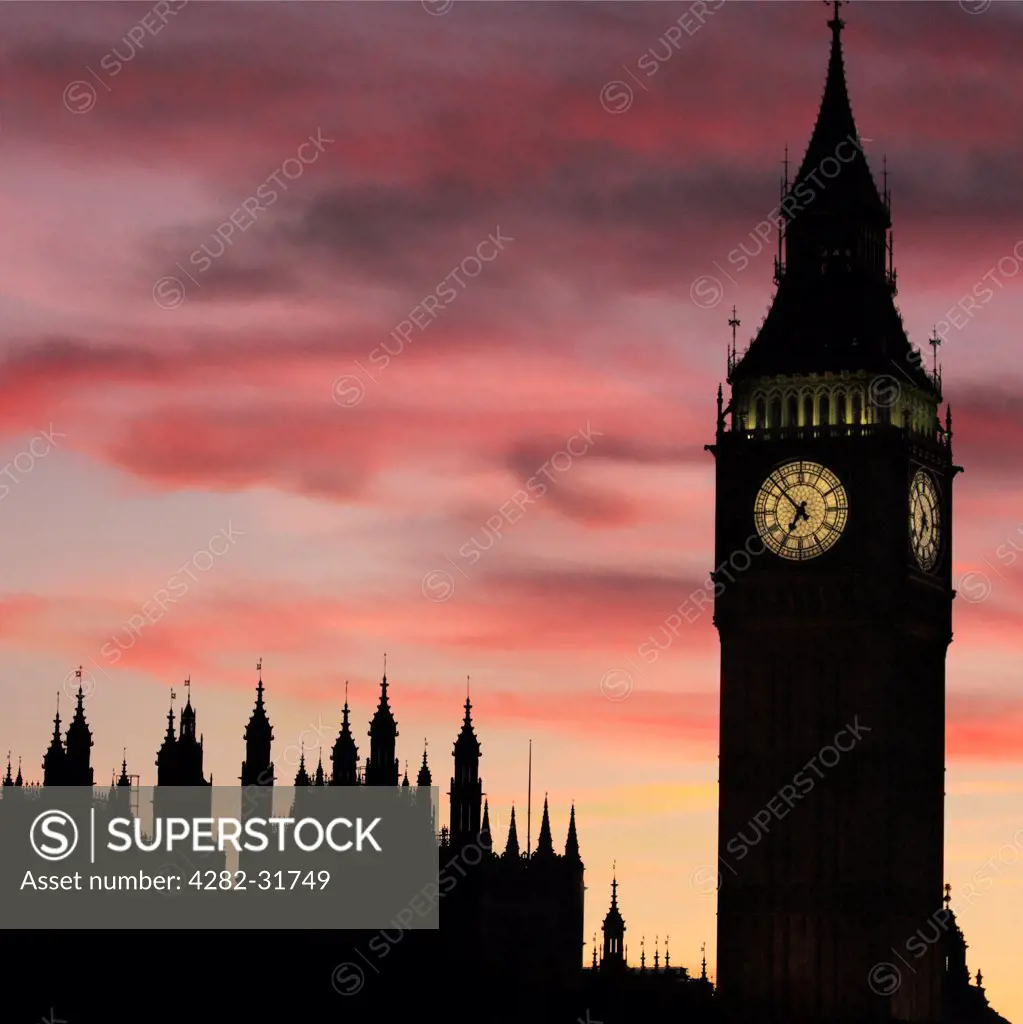 England, London, Westminster. The Palace of Westminster at dusk.