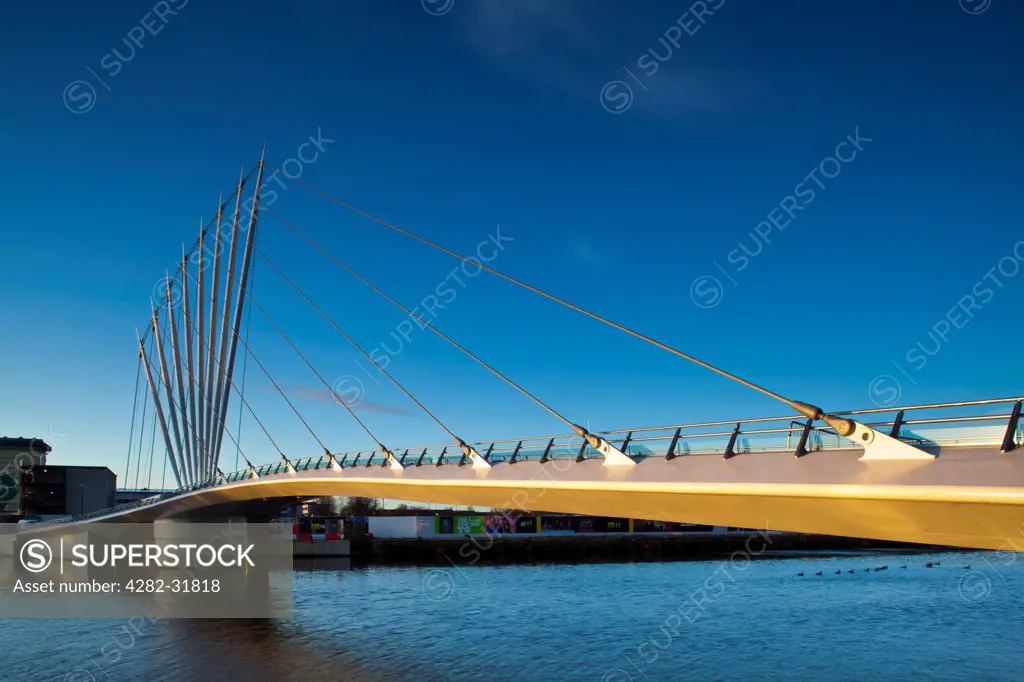 England, Greater Manchester, Salford Quays. Swing bridge located near Media City UK on the Salford Quays in the city of Salford near Manchester Old Trafford.