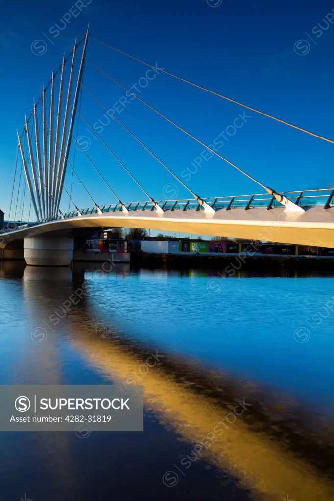 England, Greater Manchester, Salford Quays. Swing bridge located near Media City UK on the Salford Quays in the city of Salford near Manchester Old Trafford.