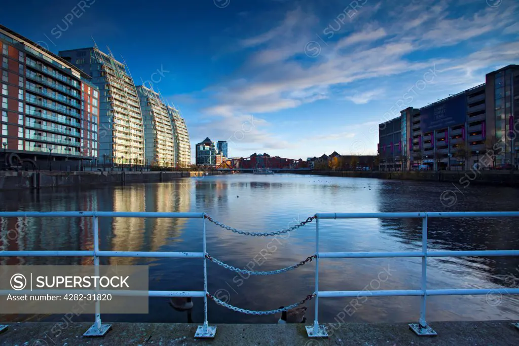 England, Greater Manchester, Salford Quays. NV apartments located along the Manchester Ship Canal in Salford.