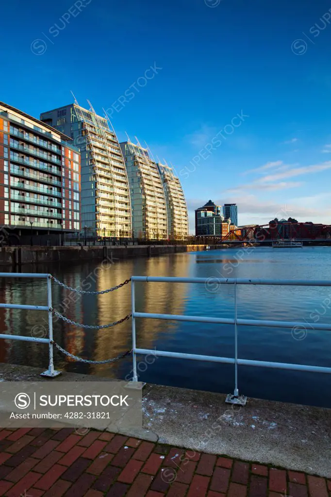 England, Greater Manchester, Salford Quays. NV apartments located along the Manchester Ship Canal in Salford.