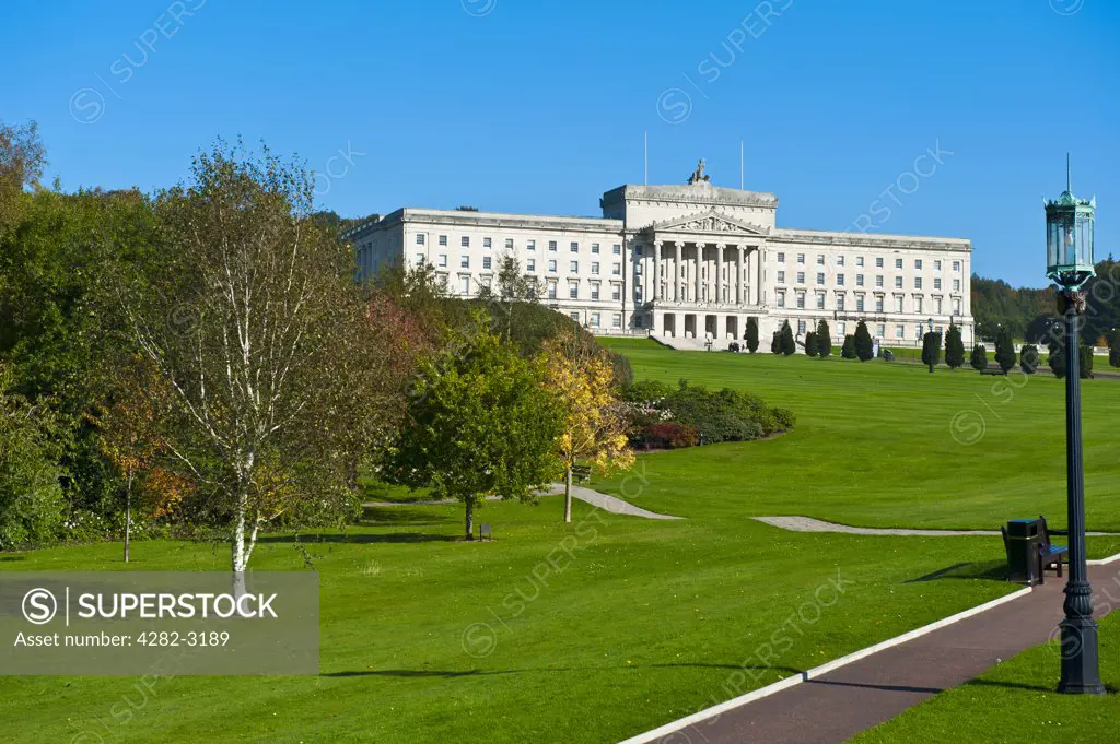 Northern Ireland, County Down, Belfast. Parliament buildings, home to the Northern Ireland Assembly in the grounds of Stormont Estate.