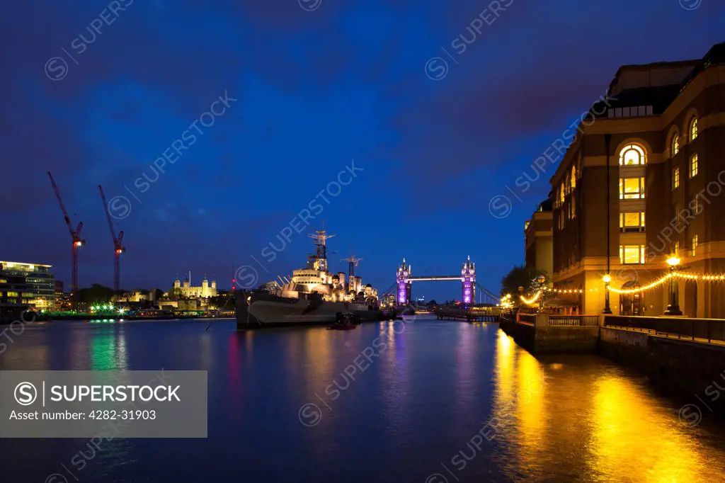 England, London, Southwark. HMS Belfast permanently moored on the River Thames.