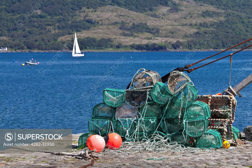 Scotland, Highland, Isle of Skye. Fishing nets on the lochside on the Isle of Skye.