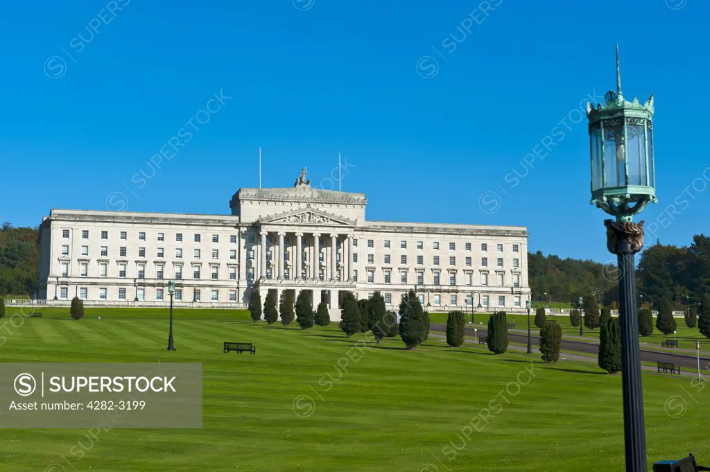 Northern Ireland, County Down, Belfast. Parliament buildings, home to the Northern Ireland Assembly in the grounds of Stormont Estate.