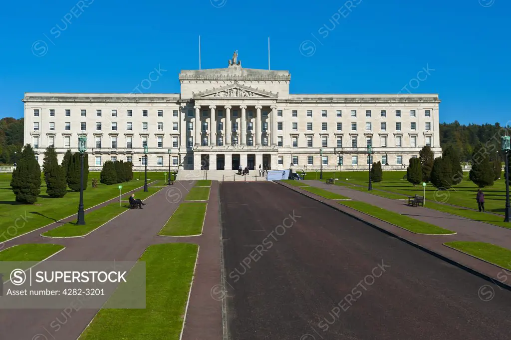 Northern Ireland, County Down, Belfast. Parliament buildings, home to the Northern Ireland Assembly in the grounds of Stormont Estate.