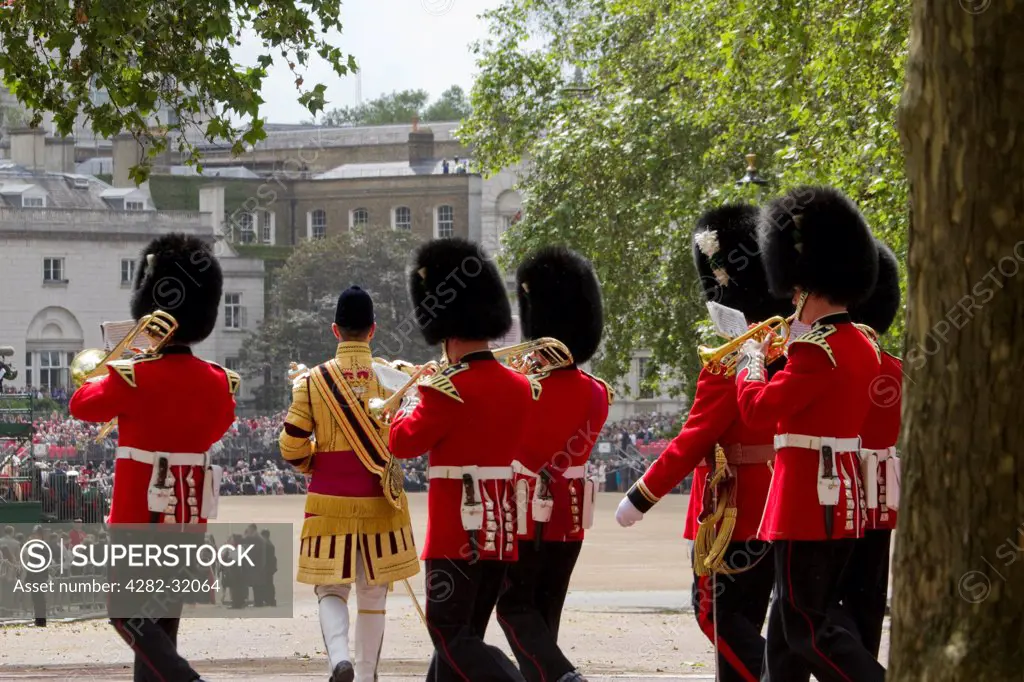 England, London, The Mall. The Welsh Guards band marches to Horse Guards Parade at the Trooping of the Colour.