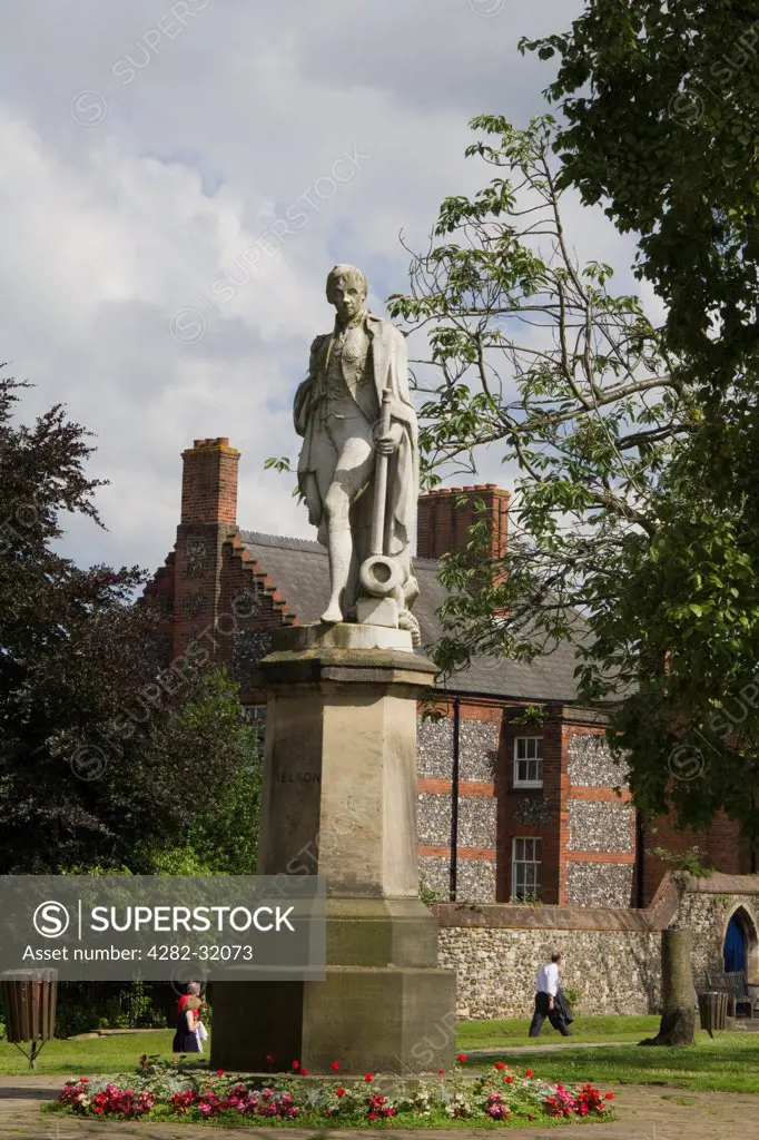 England, Norfolk, Norwich. Statue of Nelson in Cathedral Close in Norwich.