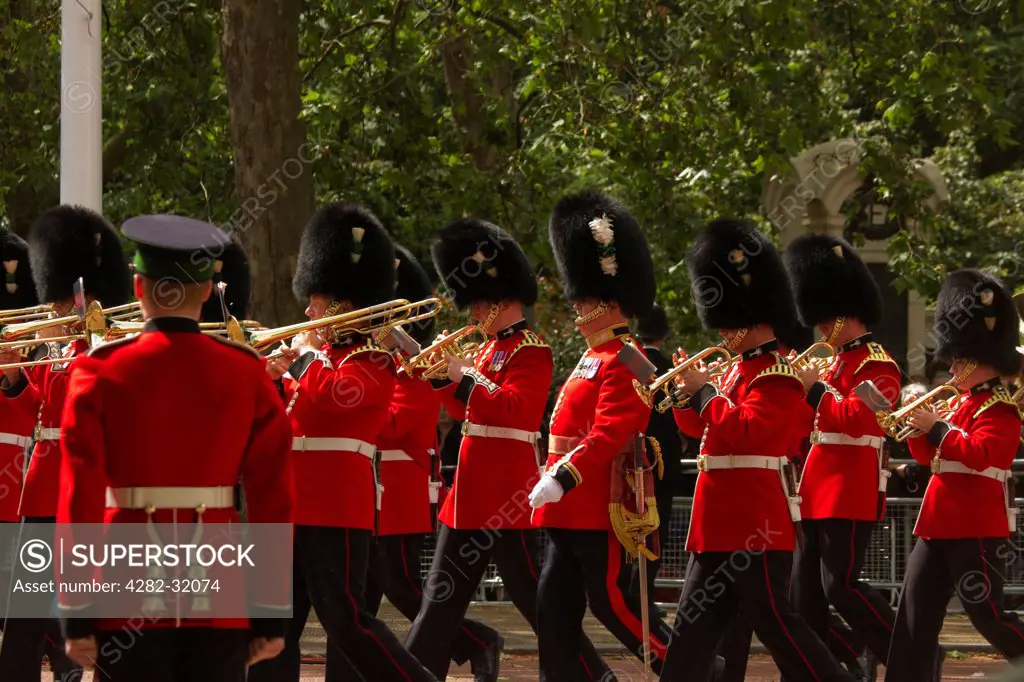 England, London, Whitehall. Band of the Welsh Guards marching to Horse Guards Parade at the Trooping of the Colour.