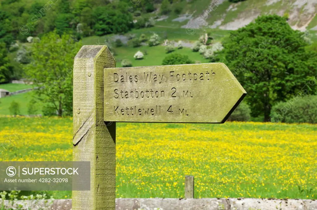 England, North Yorkshire, Upper Wharfedale. Dales Way footpath sign near Buckden.