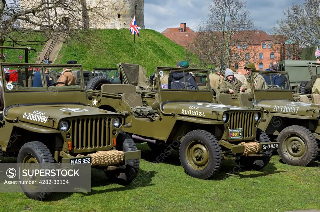 England, North Yorkshire, York. American jeeps at a military vehicles rally.