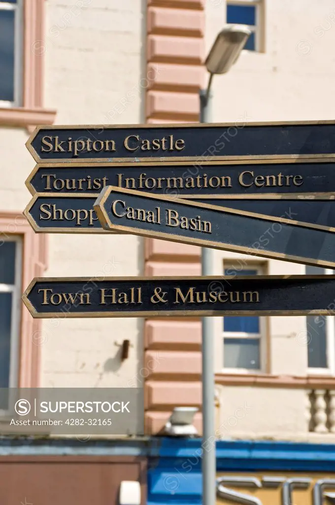 England, North Yorkshire, Skipton. A tourist information signpost.