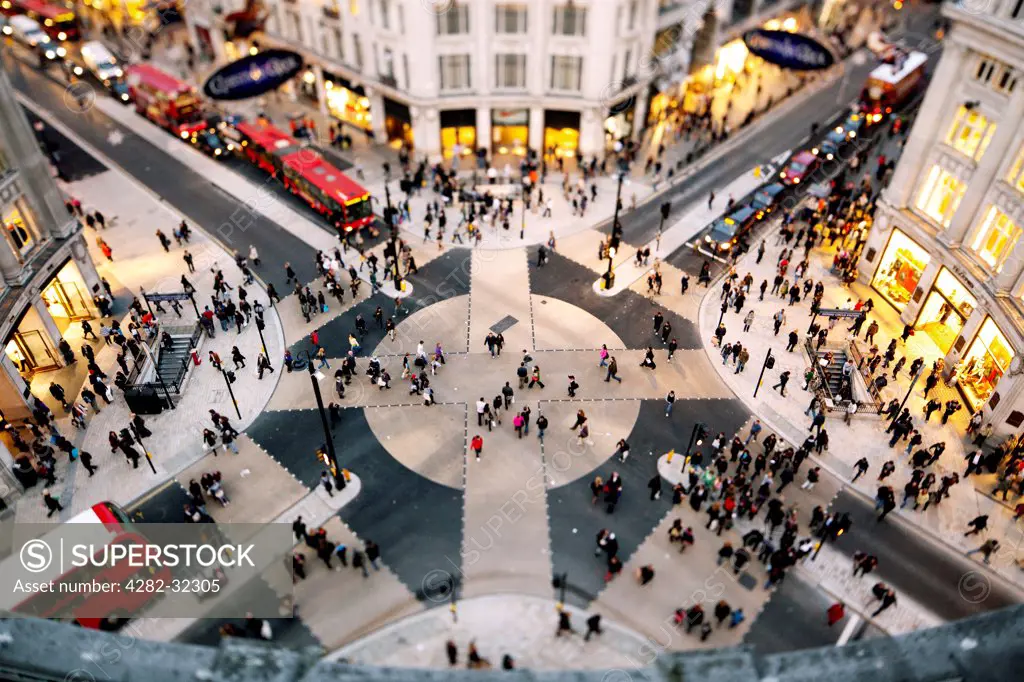 England, London, Oxford Circus. Looking down on the New Oxford Circus crossing.